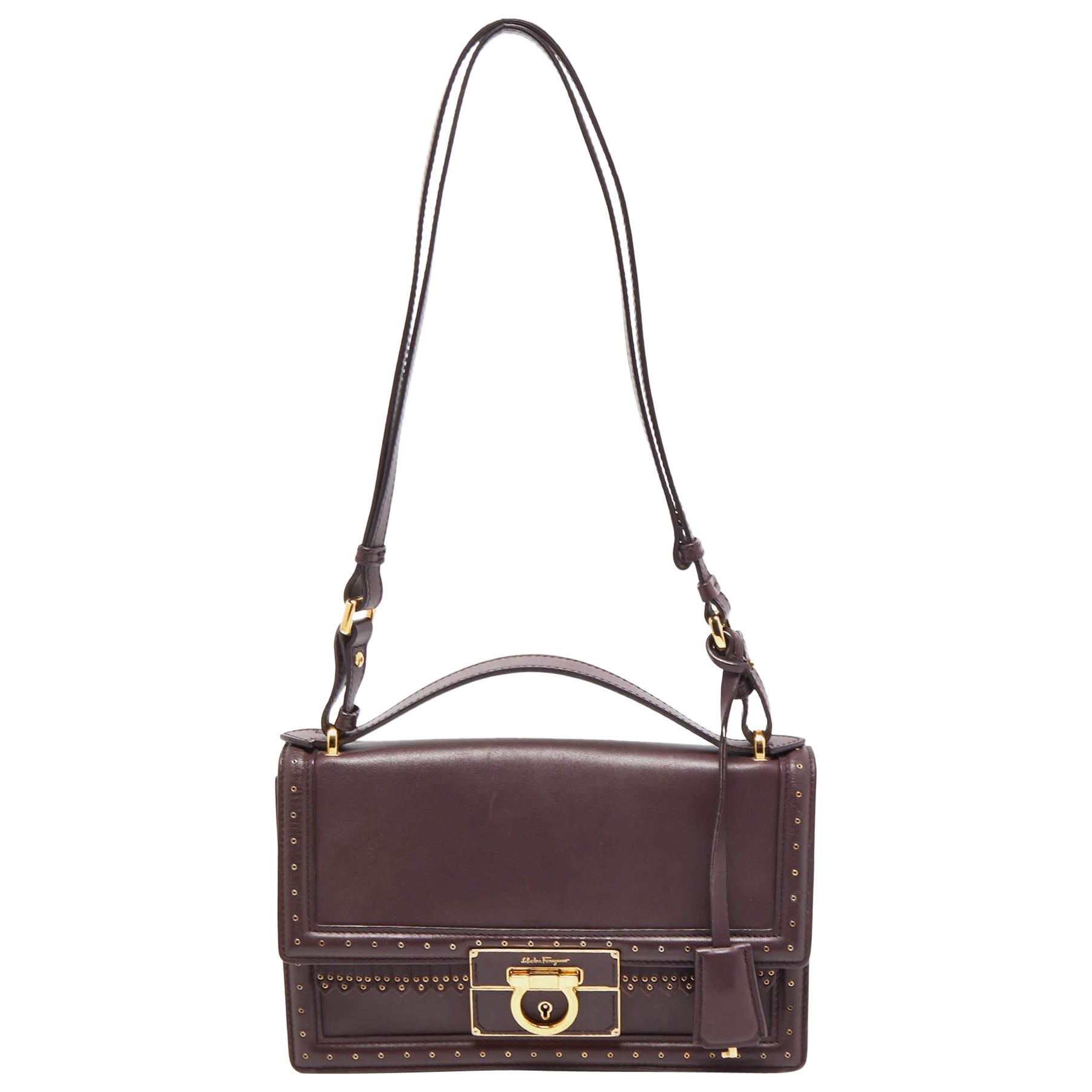 Salvatore Ferragamo Burgundy Leather Grommets Aileen Top Handle Bag