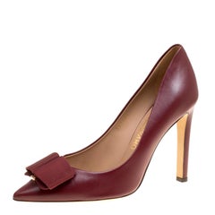 Salvatore Ferragamo Burgundy Leather Mimi Bow Detail Pointed Toe Pumps Size 40.5