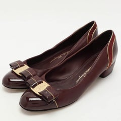 Salvatore Ferragamo Burgundy Leather Suede Vara Bow Block Heel Pumps Size 35.5