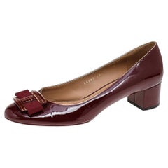 Salvatore Ferragamo Burgundy Leather Vara Bow Block Heel Pumps Size 39