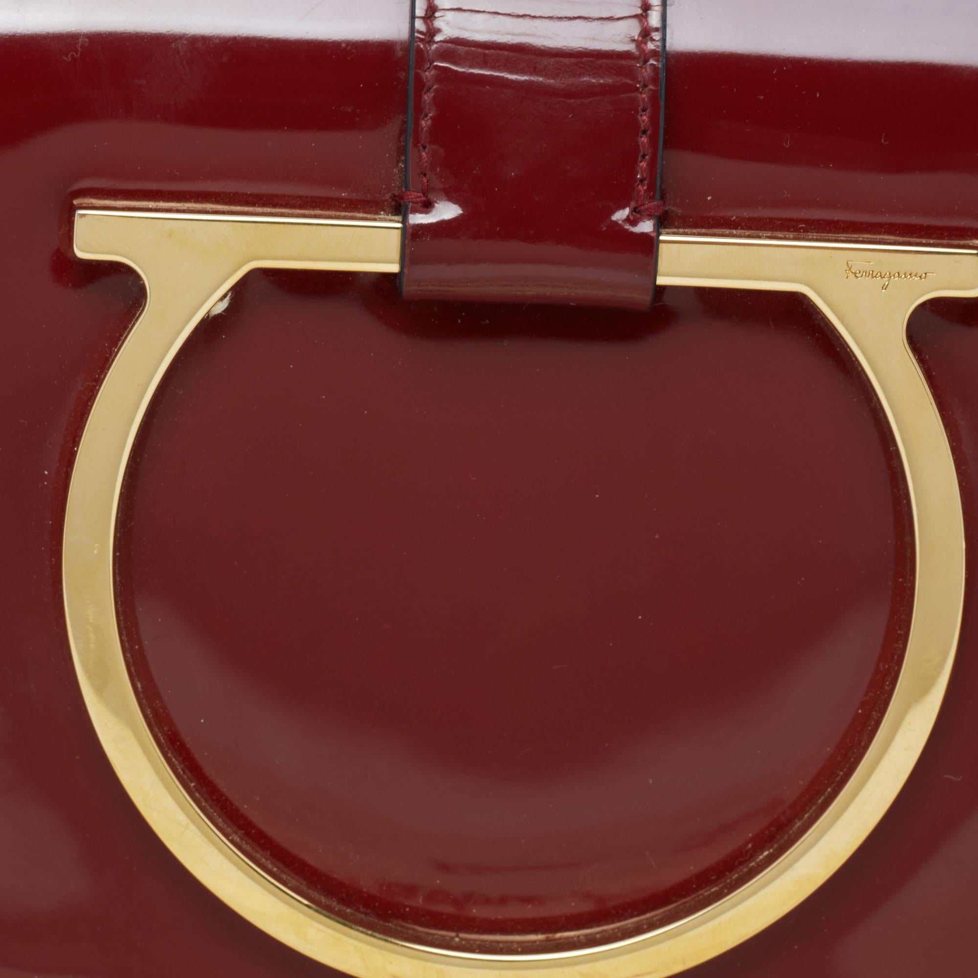 Salvatore Ferragamo Burgundy Patent Leather Gancini Flap Shoulder Bag 5
