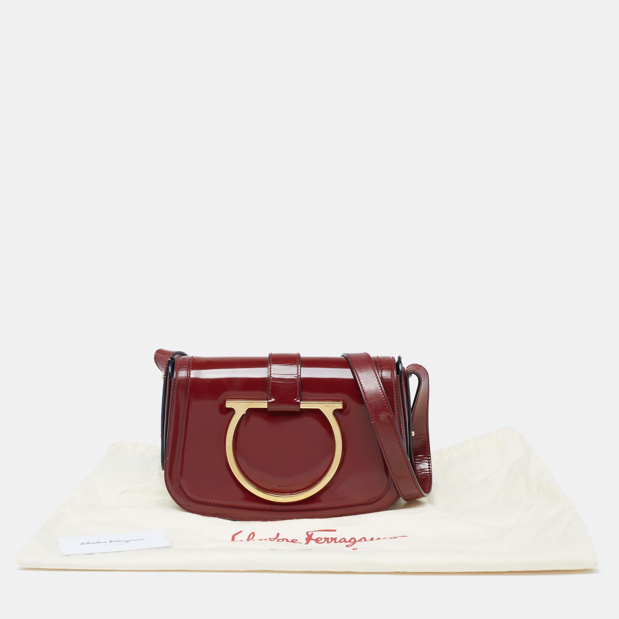 Salvatore Ferragamo Burgundy Patent Leather Gancini Flap Shoulder Bag 6