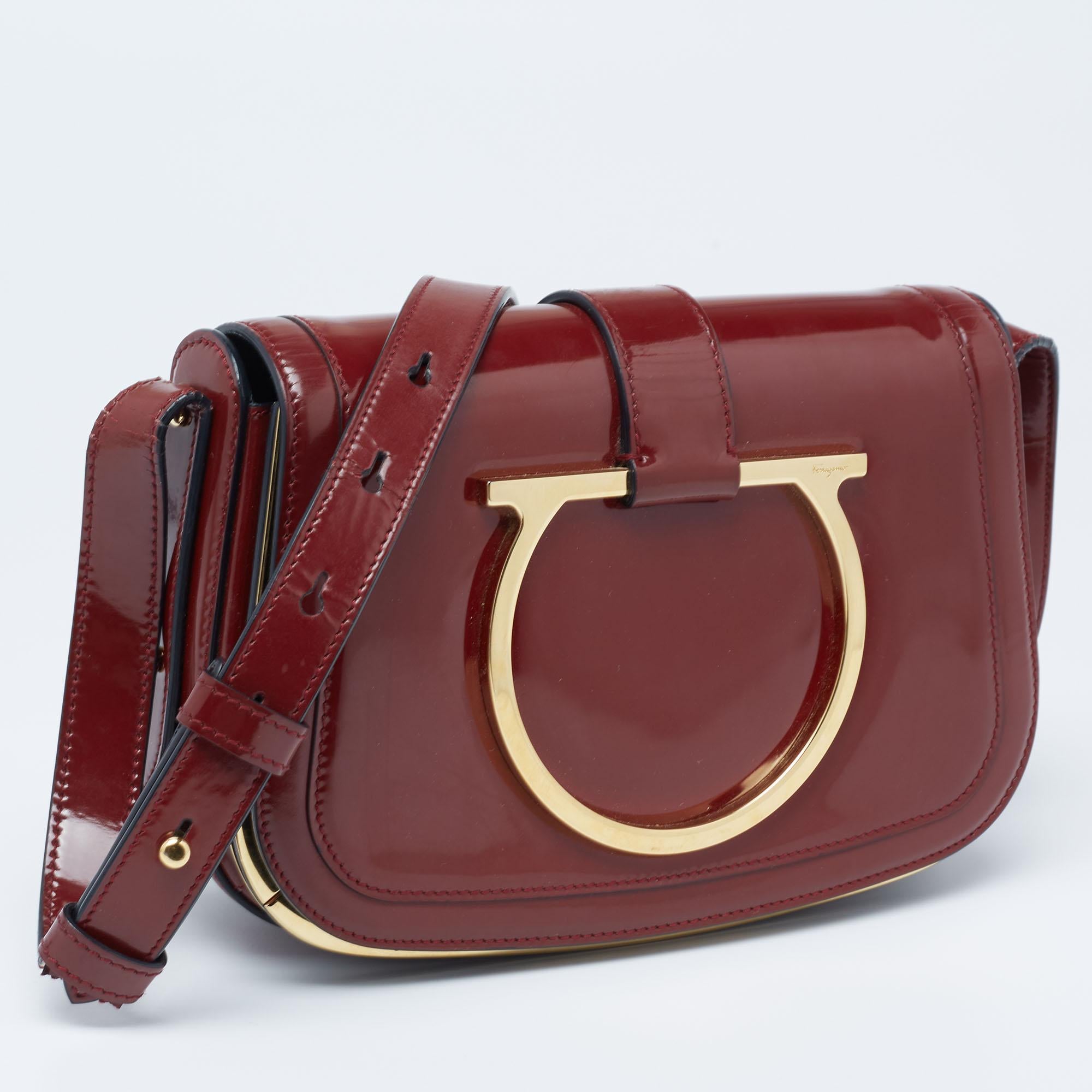 Salvatore Ferragamo Burgundy Patent Leather Gancini Flap Shoulder Bag 3