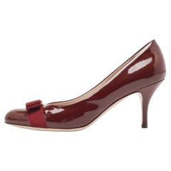Salvatore Ferragamo Burgundy Patent Leather Vara Bow Pumps Size 40.5