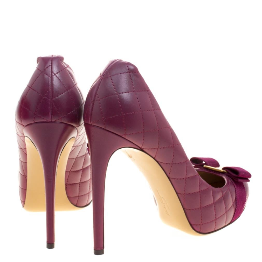 Women's Salvatore Ferragamo Burgundy Quilted Leather Pimpa Vara Bow Pumps Size 41