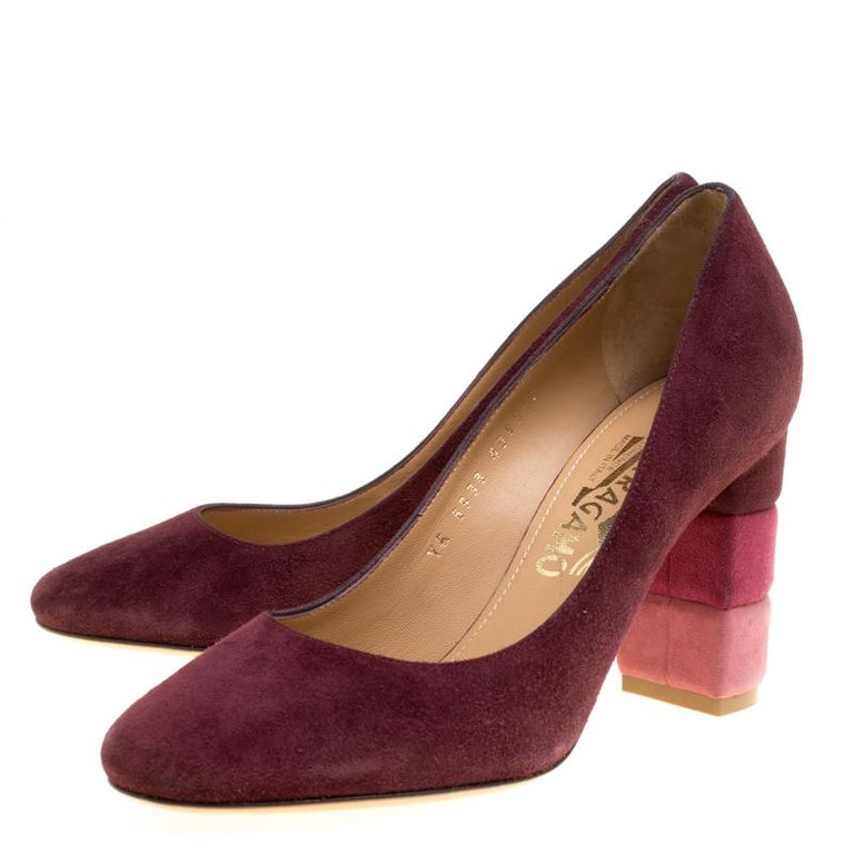 Salvatore Ferragamo Burgundy Suede Madia Block Heel Pumps Size 37 For Sale  at 1stDibs | burgundy suede pumps, suede burgundy heels, burgundy suede  heels