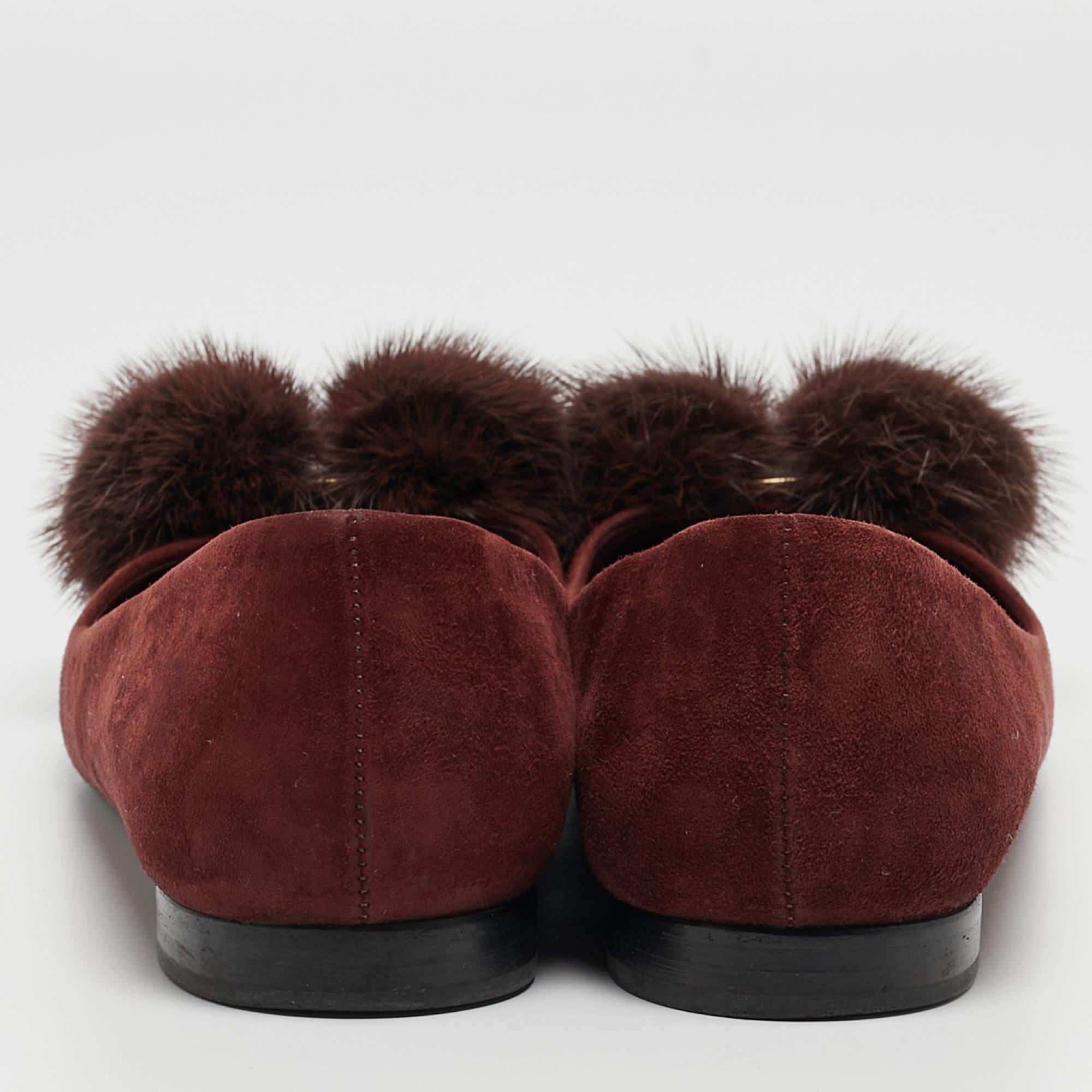 Women's Salvatore Ferragamo Burgundy Suede Varina Mink Bow Ballet Flats Size 37.5 For Sale