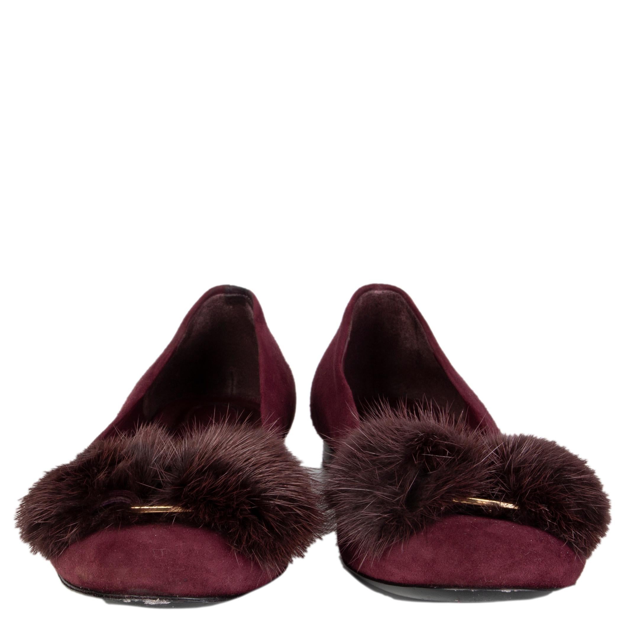 100% authentic Salvatore Ferragamo 'Varina' ballet flats in burgundy suede with mink bow detail. Have been worn and are in excellent condition. Come with dust bag. 

Measurements
Imprinted Size	7C
Shoe Size	37
Inside Sole	24cm (9.4in)
Width	7.5cm