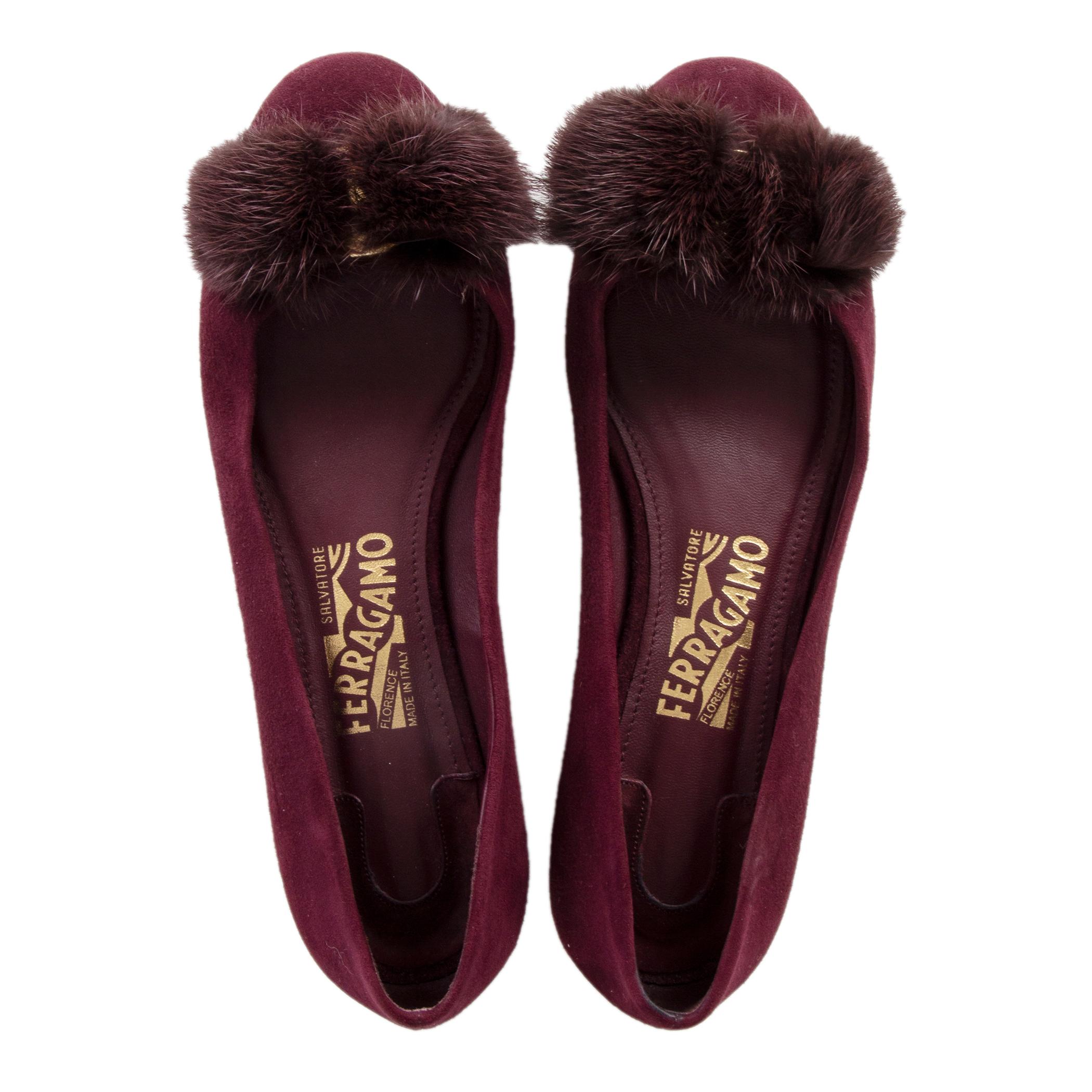 Women's SALVATORE FERRAGAMO burgundy suede VARINA MINK BOW Flats Shoes 7 C