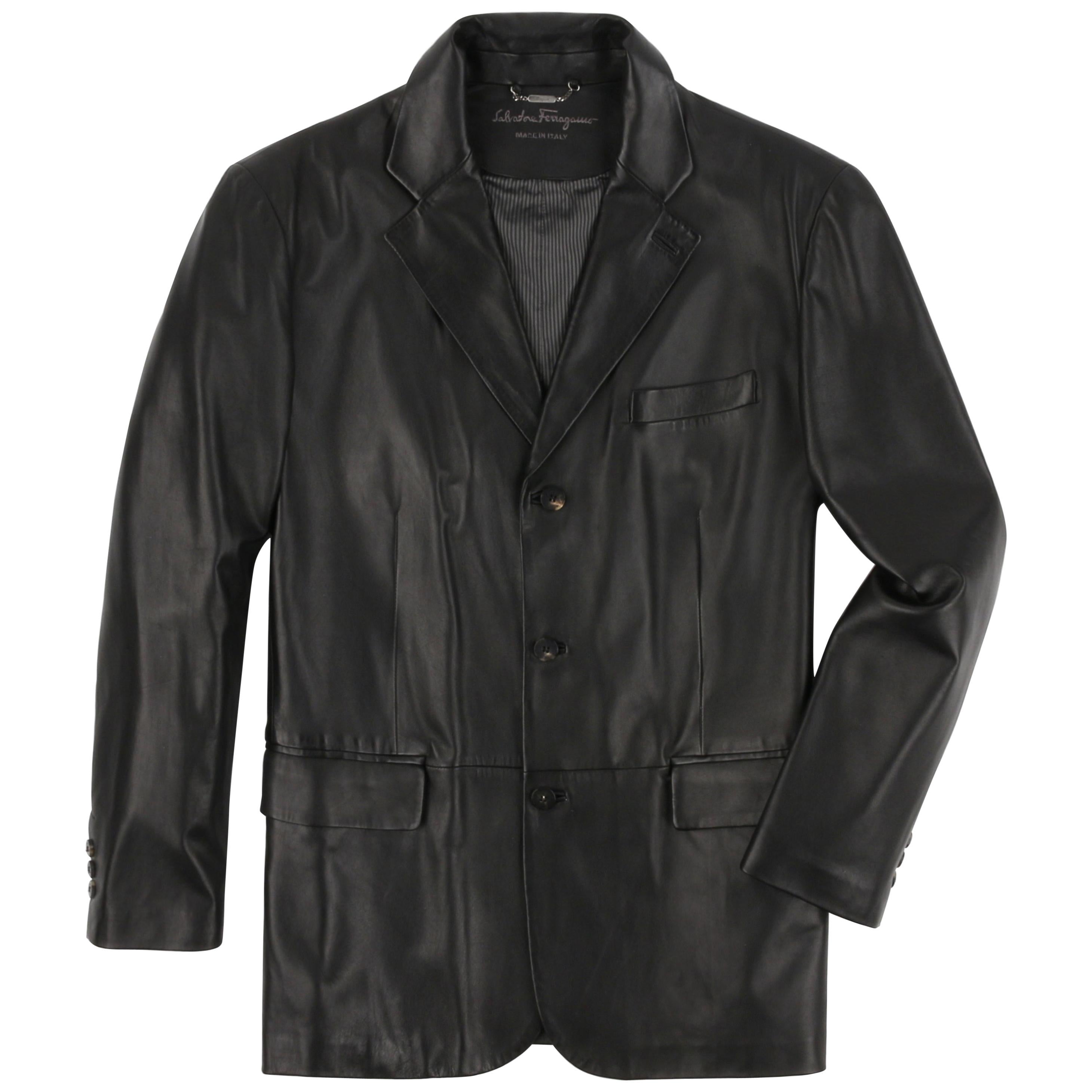 SALVATORE FERRAGAMO - Manteau de sport en cuir marron foncé à 3 boutons pour homme, circa années 2000 en vente