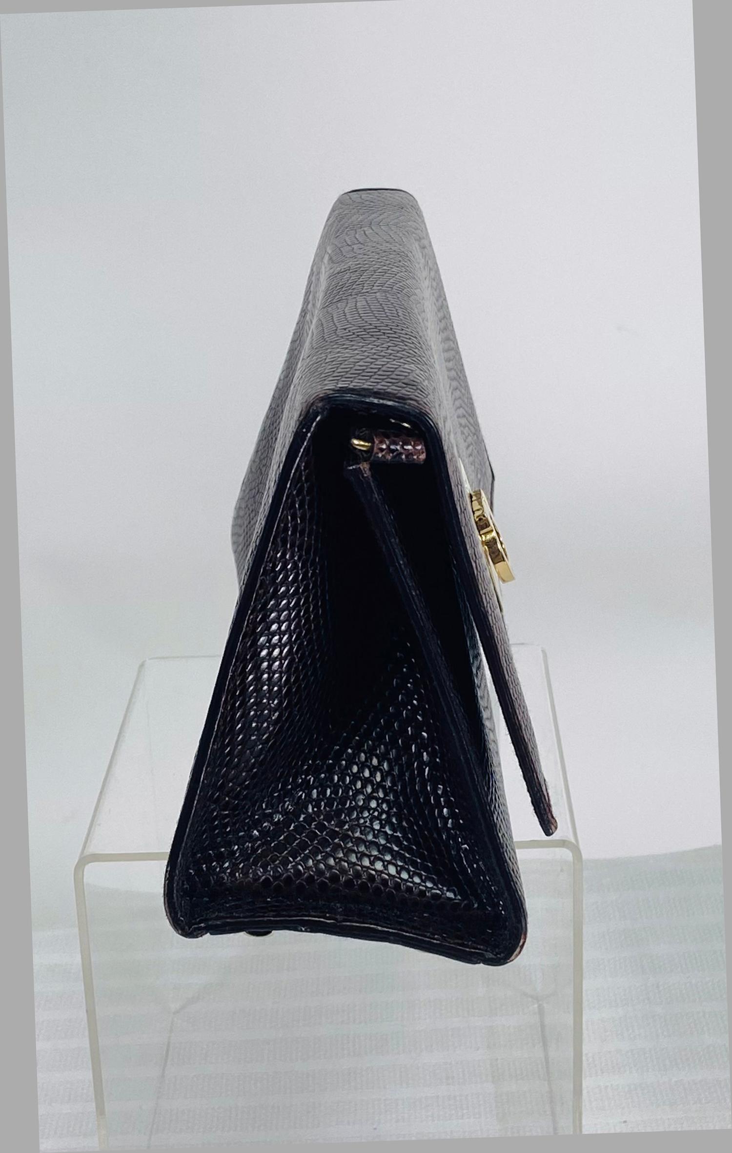 Black Salvatore Ferragamo Chocolate Brown Lizard Shoulder Clutch Bag GH
