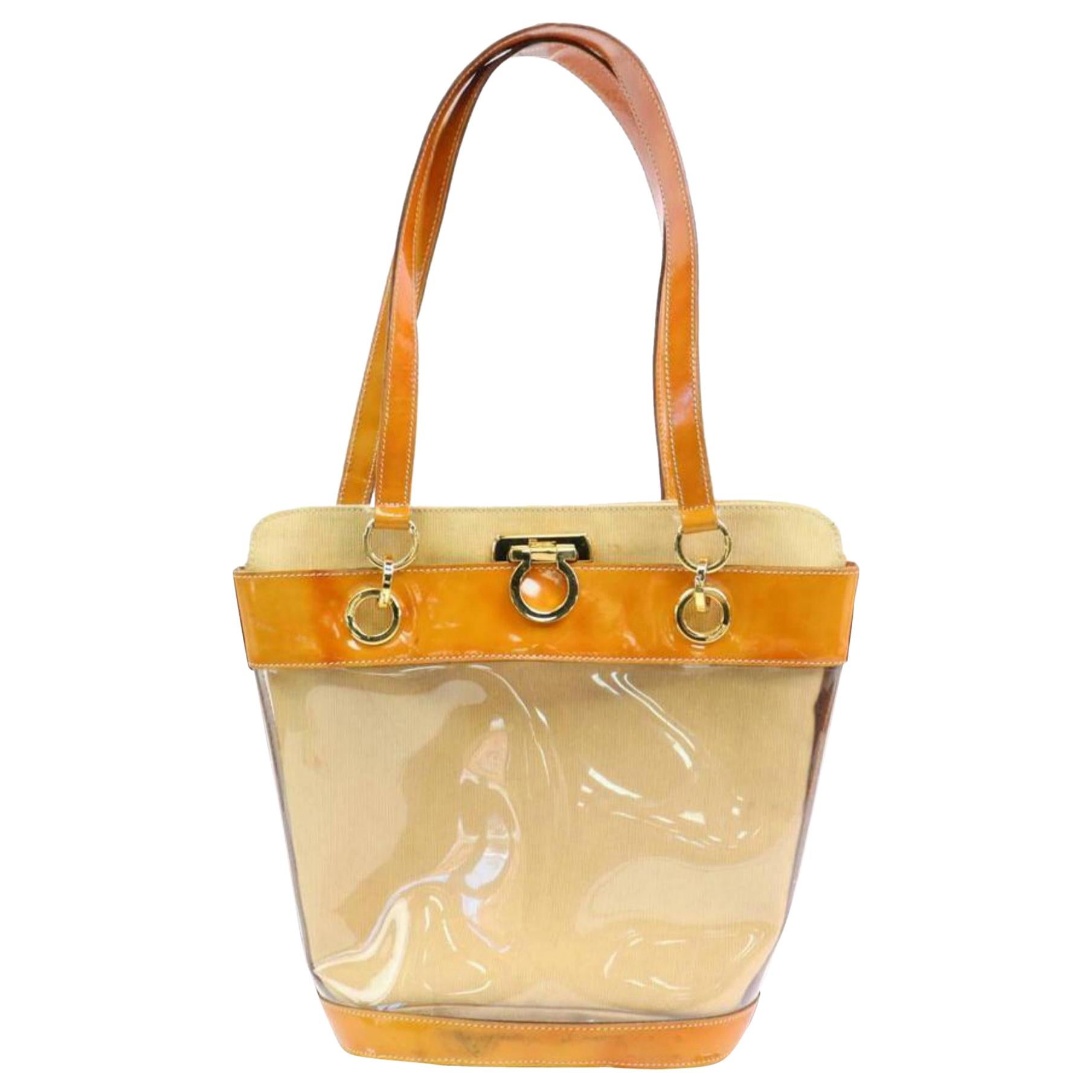 Salvatore Ferragamo Clear  Bucket Tote 870246 Brown Vinyl Shoulder Bag For Sale