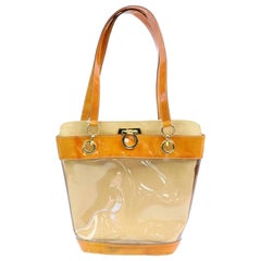 Salvatore Ferragamo Clear  Bucket Tote 870246 Brown Vinyl Shoulder Bag