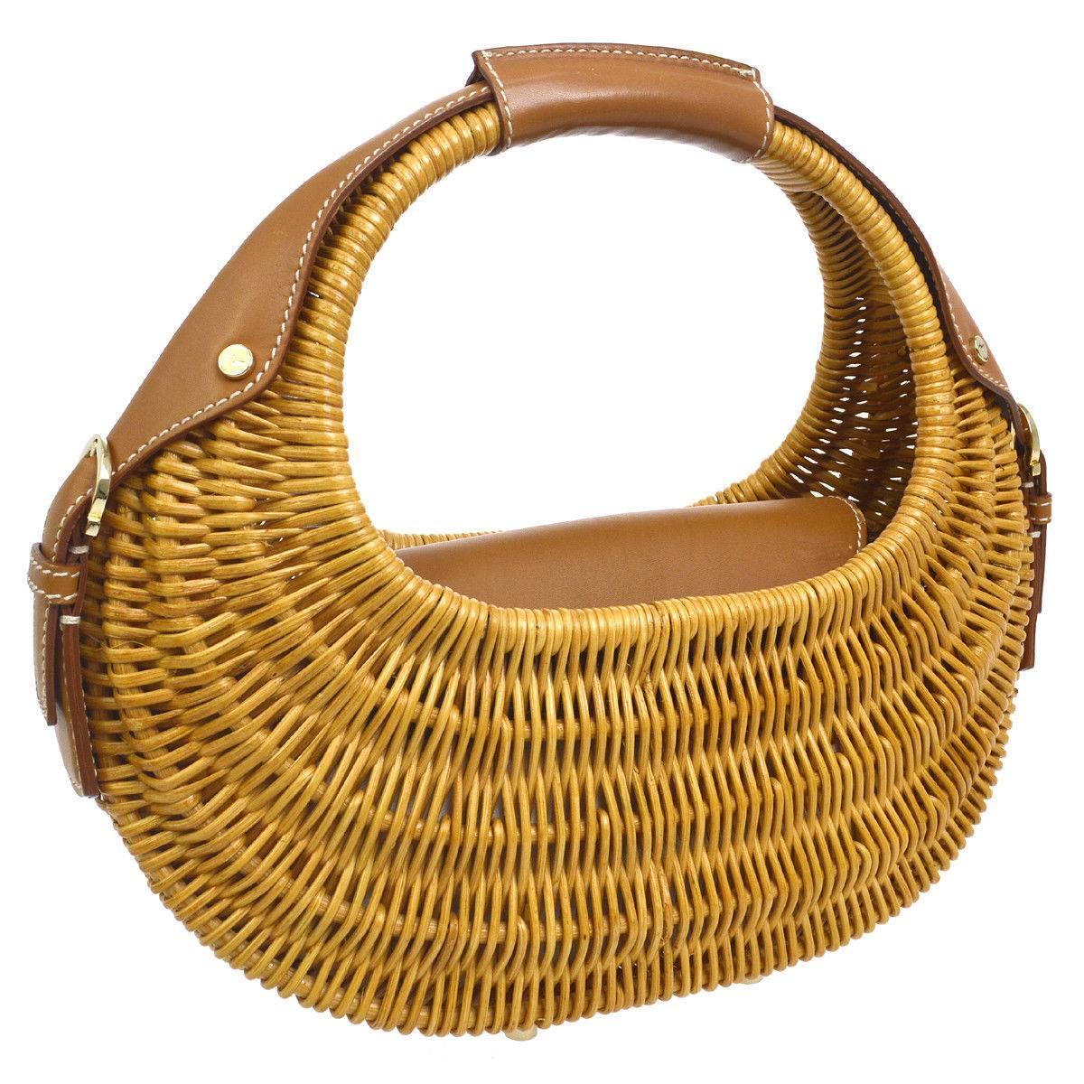 Brown Salvatore Ferragamo Cognac Basket Weave Gold Top Handle Satchel Picnic Bag