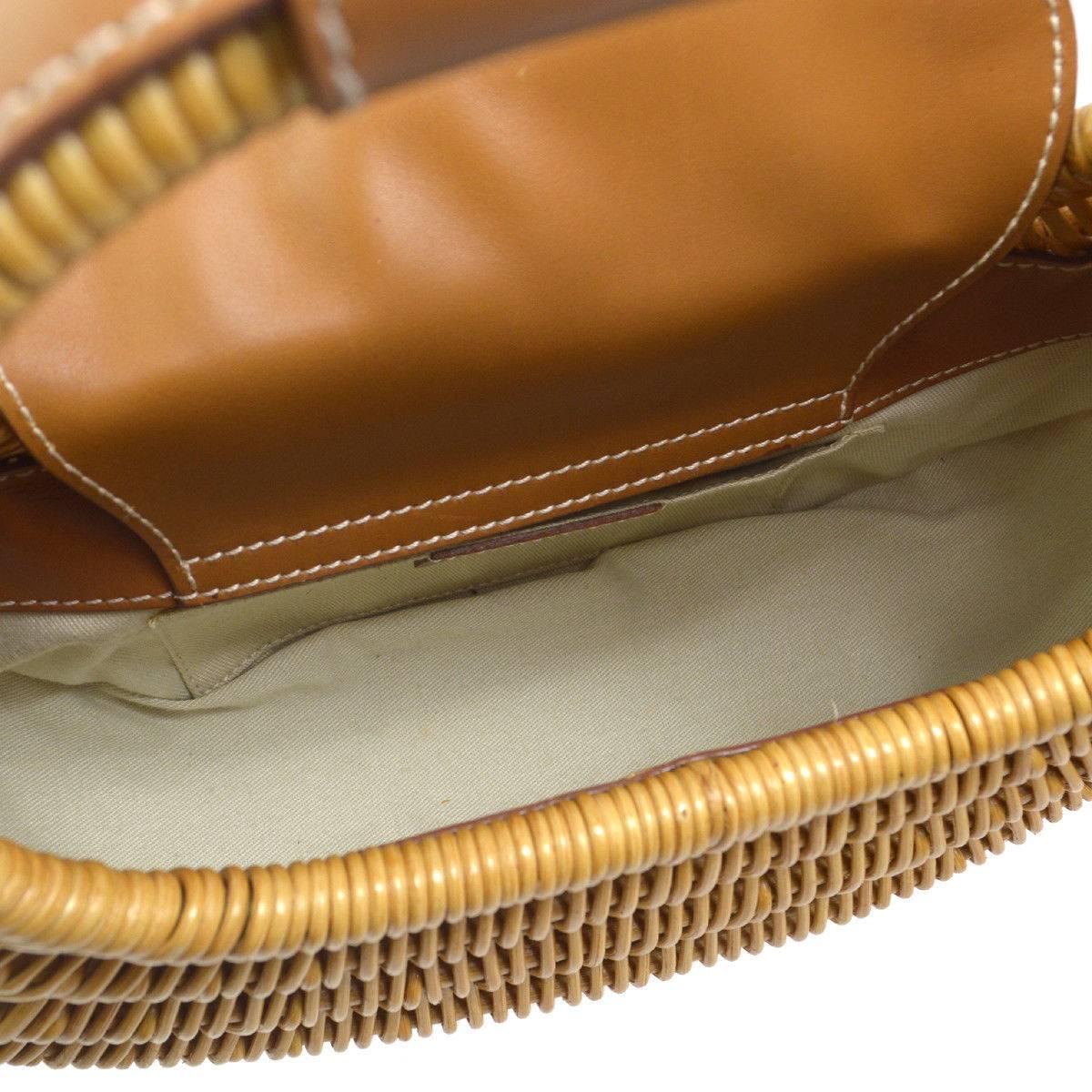 Salvatore Ferragamo Cognac Basket Weave Gold Top Handle Satchel Picnic Bag In Good Condition In Chicago, IL
