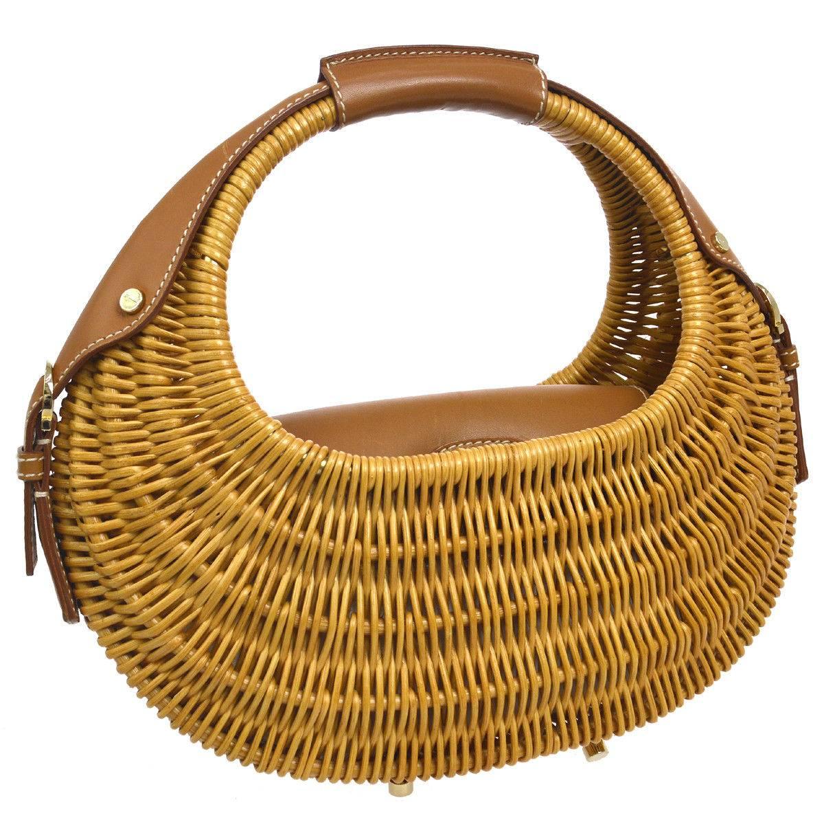 Salvatore Ferragamo Cognac Basket Weave Gold Top Handle Satchel Picnic Bag