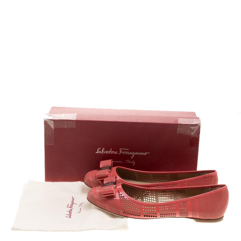 Salvatore Ferragamo Coral Pink Perforated Patent Leather Varina Bow Ballet Flats 1