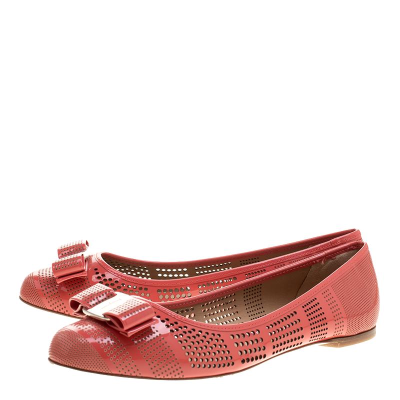 Salvatore Ferragamo Coral Pink Perforated Patent Leather Varina Bow Ballet Flats 2
