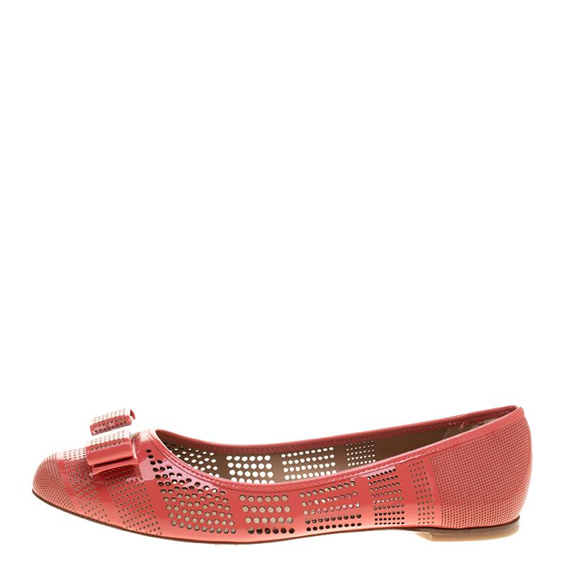 Salvatore Ferragamo Coral Pink Perforated Patent Leather Varina Bow Ballet Flats 4