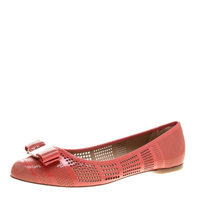 Salvatore Ferragamo Coral Pink Perforated Patent Leather Varina Bow Ballet Flats