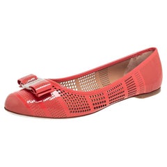 Salvatore Ferragamo Coral Pink Perforated Patent Leather Varina Bow Ballet Flats