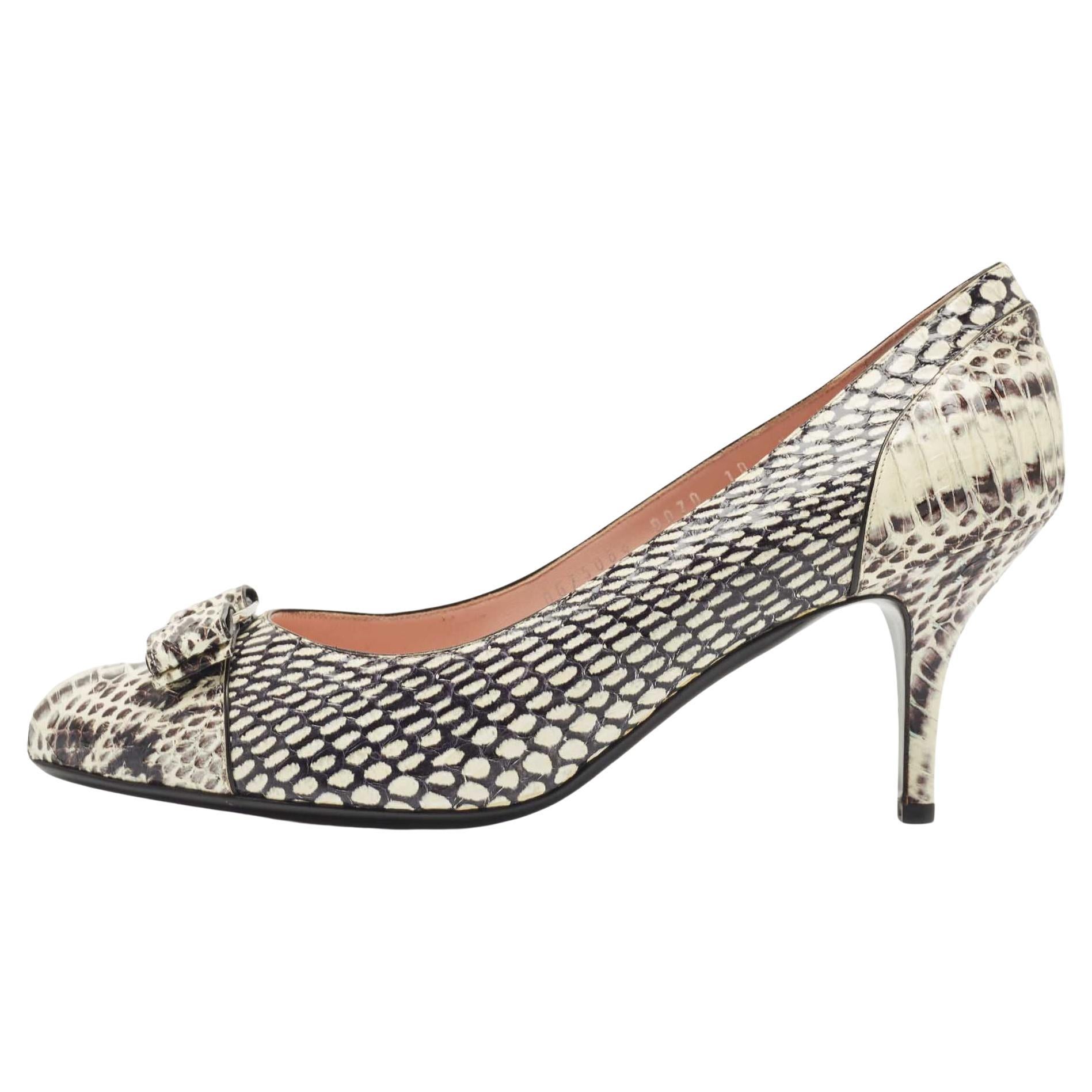 Salvatore Ferragamo Cream/Black Water Snakeskin Pumps  For Sale