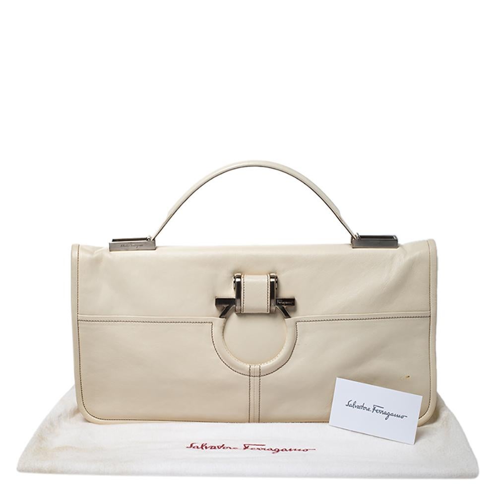 Salvatore Ferragamo Cream Leather Gancini Top Handle Bag 4
