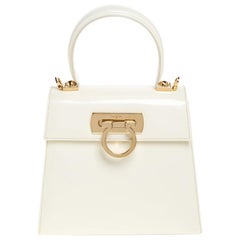 Salvatore Ferragamo Cream Patent Leather Kelly Top Handle Bag