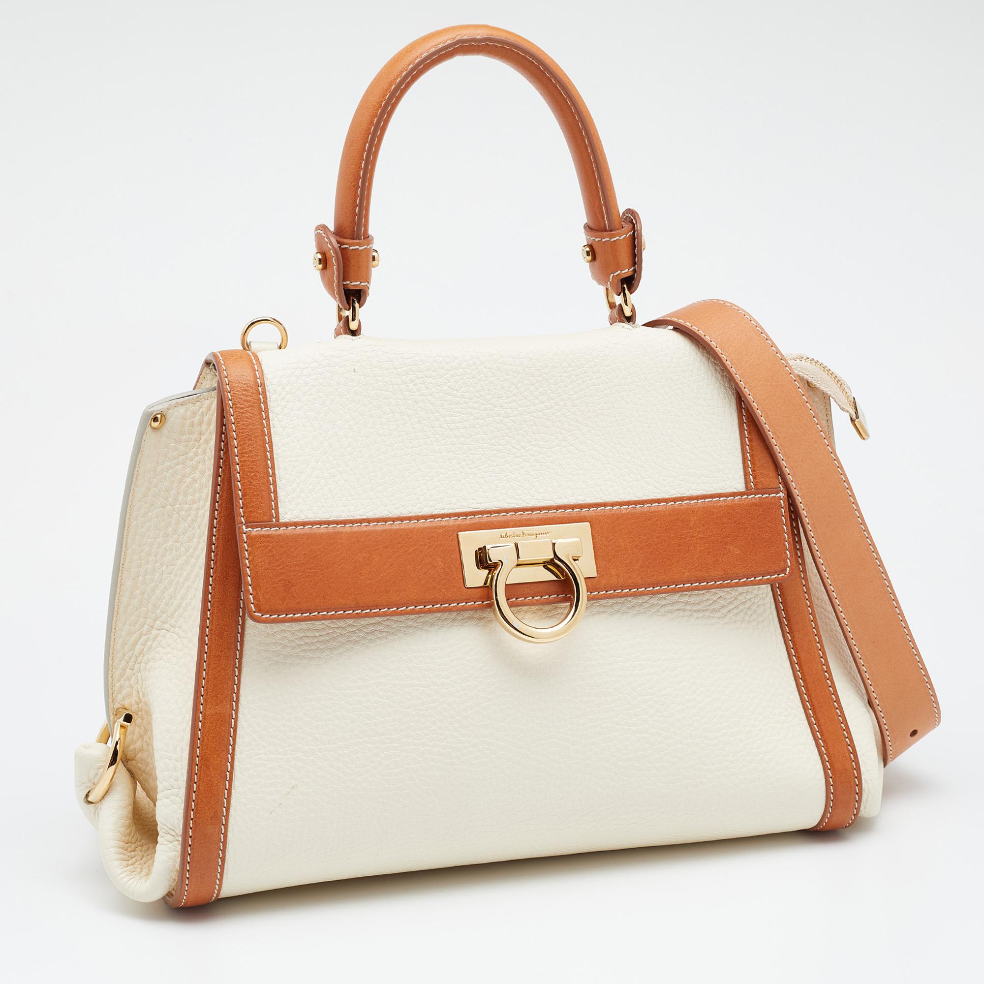 Salvatore Ferragamo Cream/Tan Leather Sofia Top Handle Bag In Good Condition In Dubai, Al Qouz 2