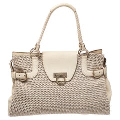 Salvatore Ferragamo Cream Woven Straw and Lizard Embossed Leather Satchel