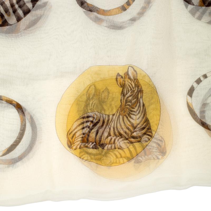 Salvatore Ferragamo Cream Zebra and Circle Printed Silk Chiffon Scarf In Excellent Condition In Dubai, Al Qouz 2