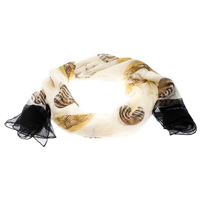 Salvatore Ferragamo Cream Zebra and Circle Printed Silk Chiffon Scarf