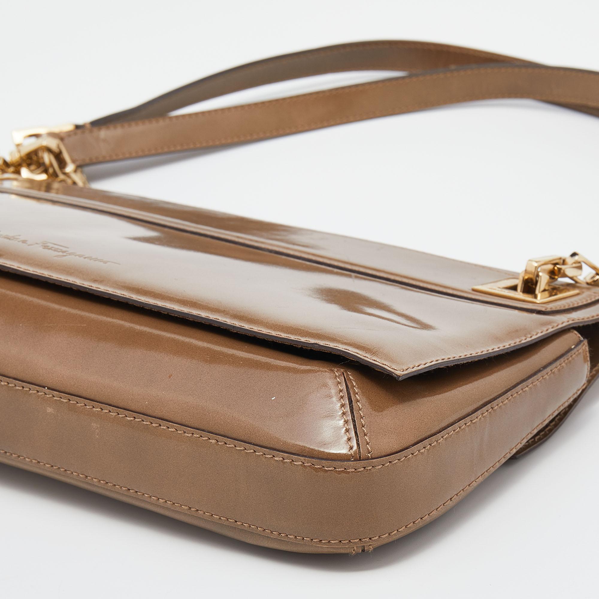 Salvatore Ferragamo Dark Beige Patent Leather Link Chain Shoulder Bag 6
