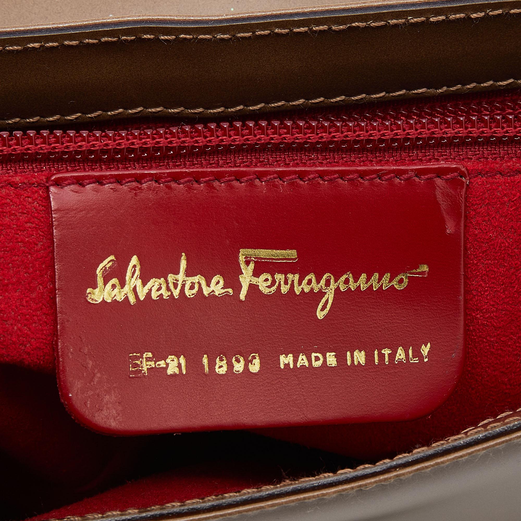 Salvatore Ferragamo Dark Beige Patent Leather Link Chain Shoulder Bag 3