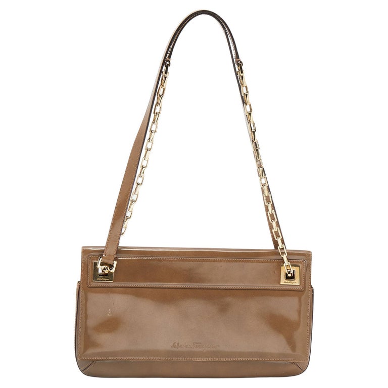 Salvatore Ferragamo Dark Beige Patent Leather Link Chain Shoulder Bag