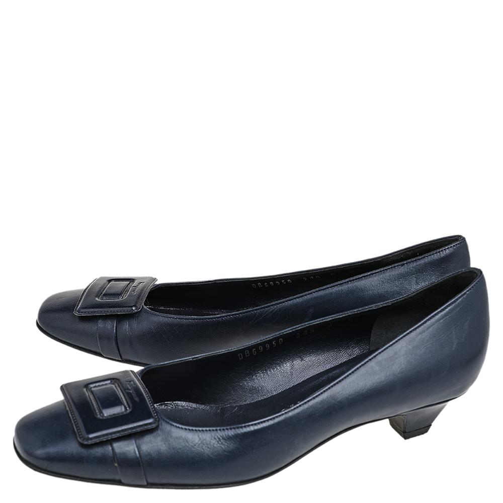Women's Salvatore Ferragamo Dark Blue Leather Block Heel Pumps Size 38.5
