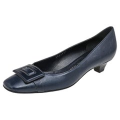 Salvatore Ferragamo Dark Blue Leather Block Heel Pumps Size 38.5