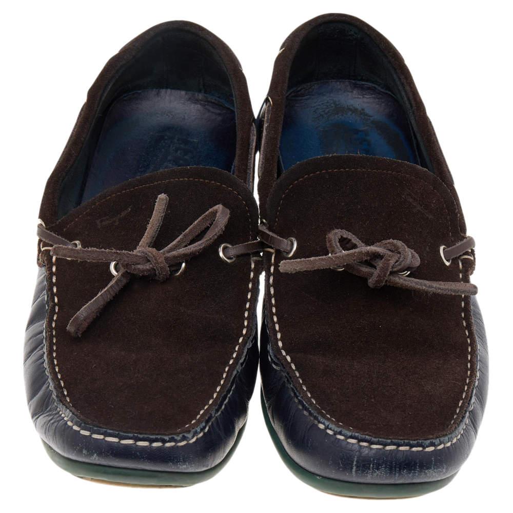 Black Salvatore Ferragamo Dark Brown/Blue Leather And Suede Manila Bow Loafers Size 40