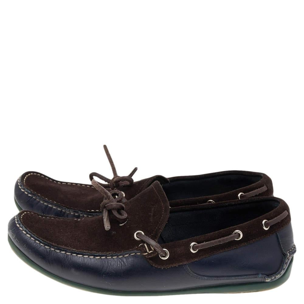 Salvatore Ferragamo Dark Brown/Blue Leather And Suede Manila Bow Loafers Size 40 In Good Condition In Dubai, Al Qouz 2