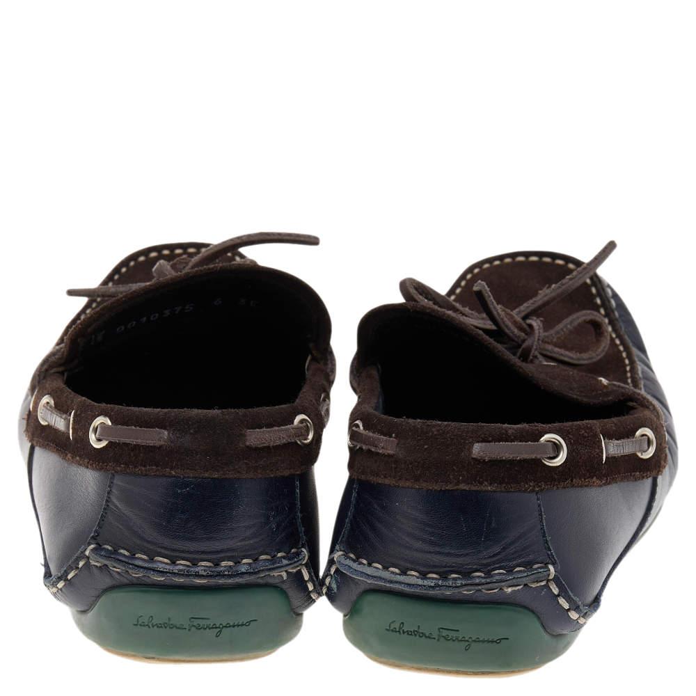 Men's Salvatore Ferragamo Dark Brown/Blue Leather And Suede Manila Bow Loafers Size 40