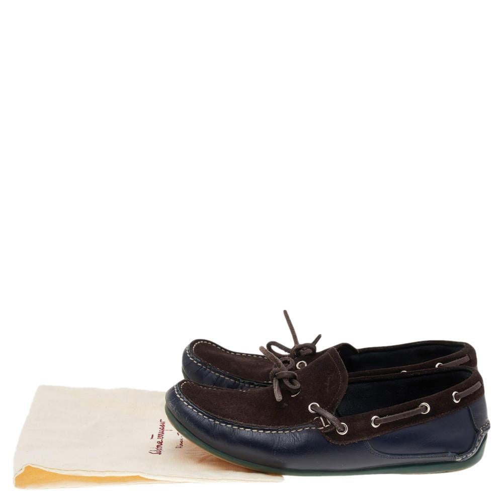Salvatore Ferragamo Dark Brown/Blue Leather And Suede Manila Bow Loafers Size 40 3