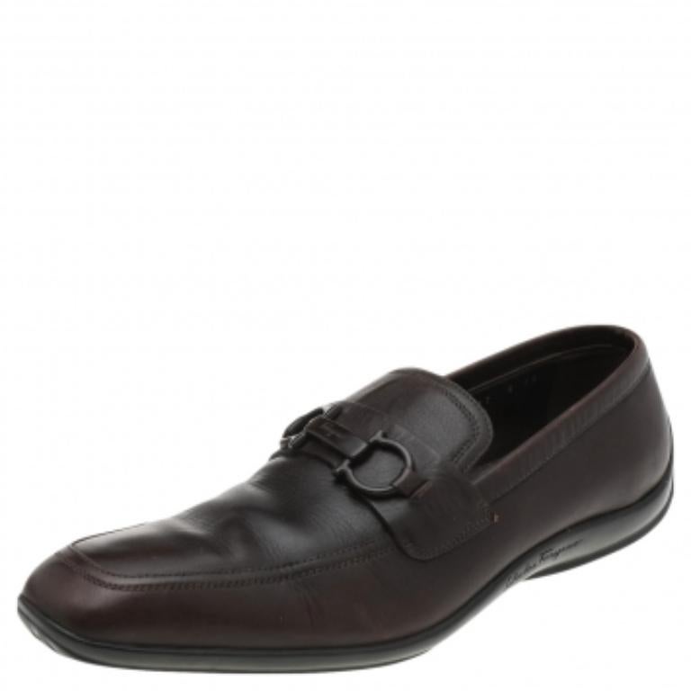 Salvatore Ferragamo Marrón Oscuro Piel Gancini Bit Slip On Mocasines Talla 42 Negro en venta