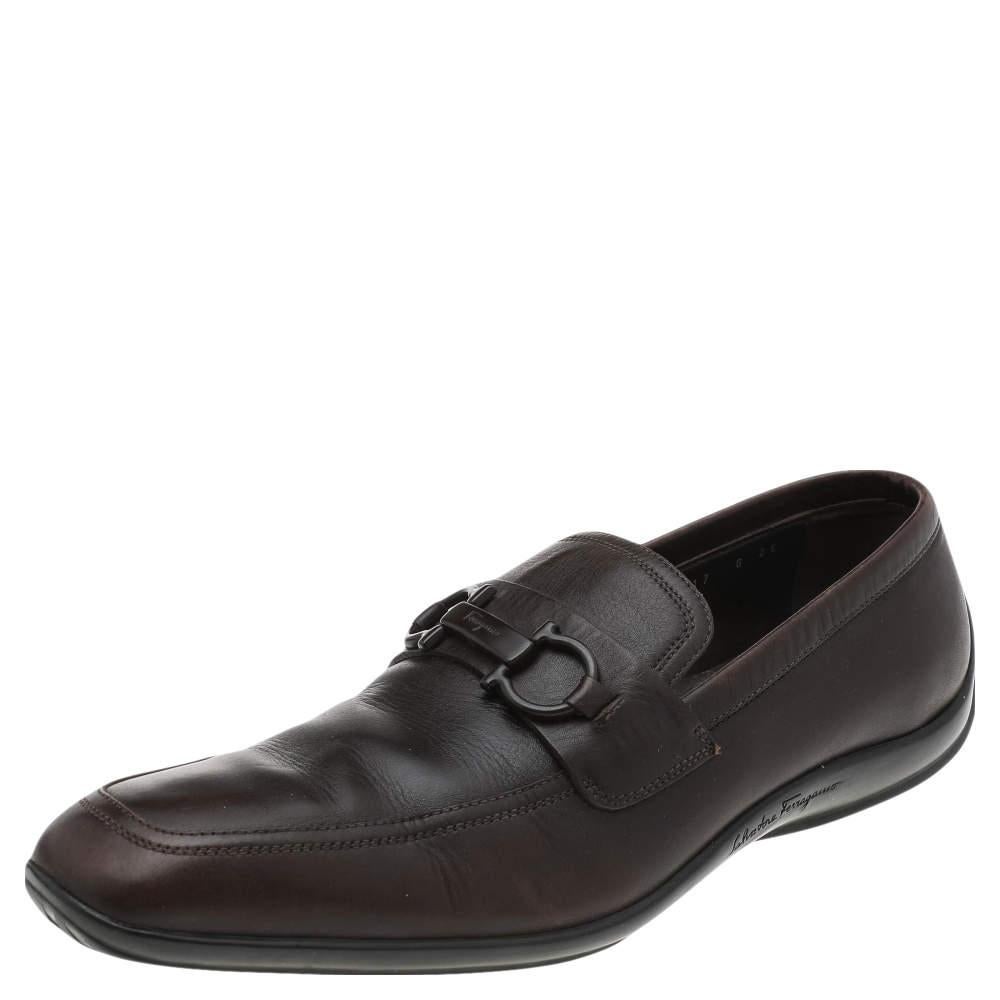 Salvatore Ferragamo Dark Brown Leather Gancini Bit Slip On Loafers Size 42 For Sale 3