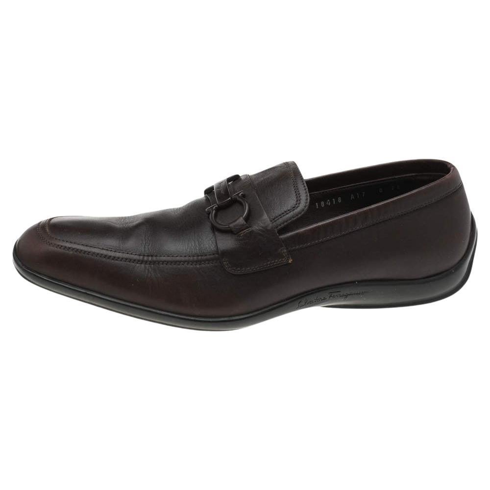 Salvatore Ferragamo Dark Brown Leather Gancini Bit Slip On Loafers Size 42 For Sale