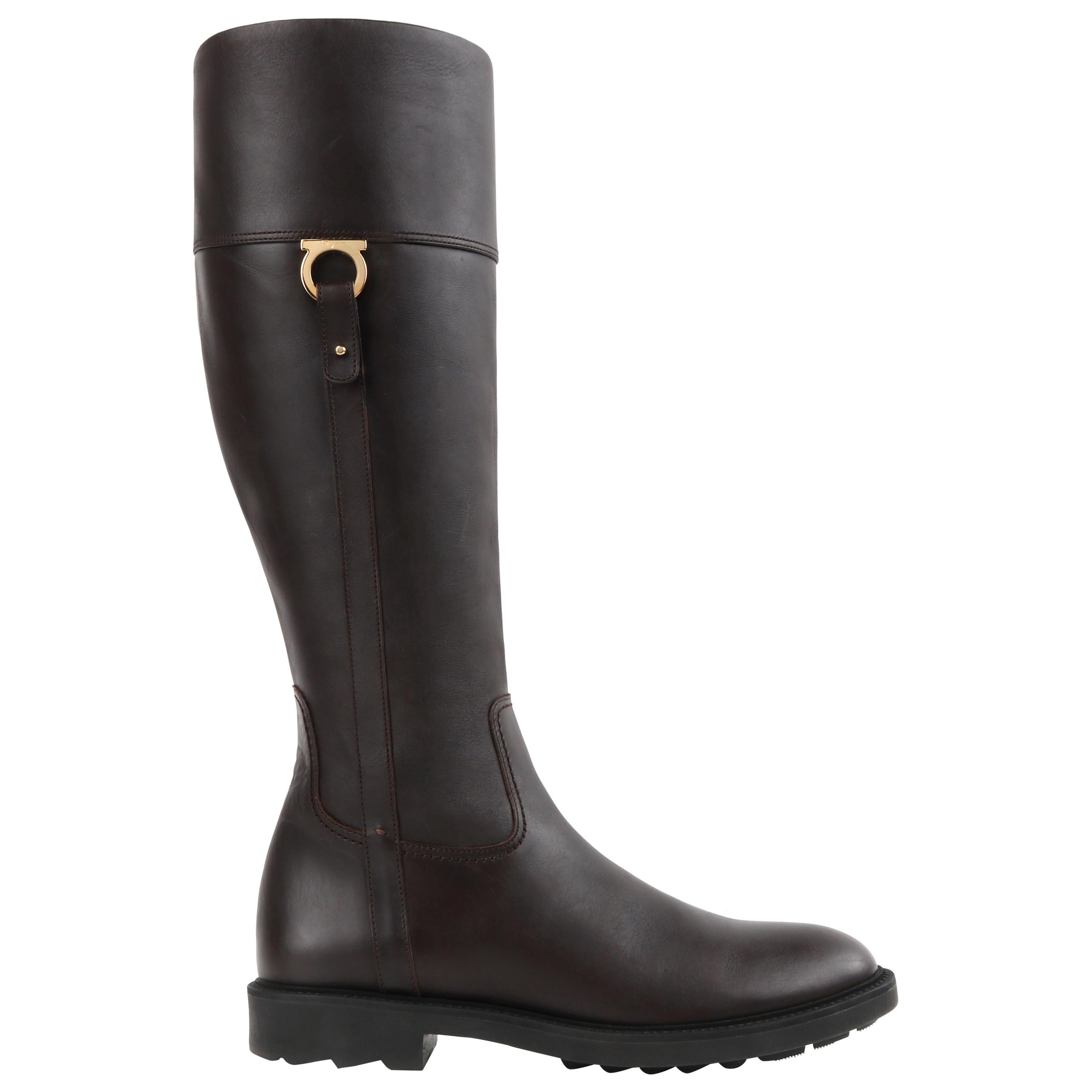 SALVATORE FERRAGAMO Dark Brown Leather Gancini Knee High Riding Boots