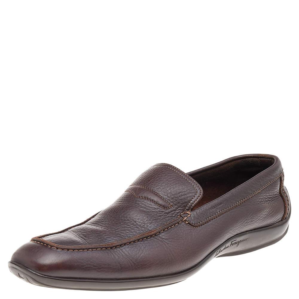 Salvatore Ferragamo Dark Brown Leather Slip On Penny Loafers Size 41.5 For Sale 3
