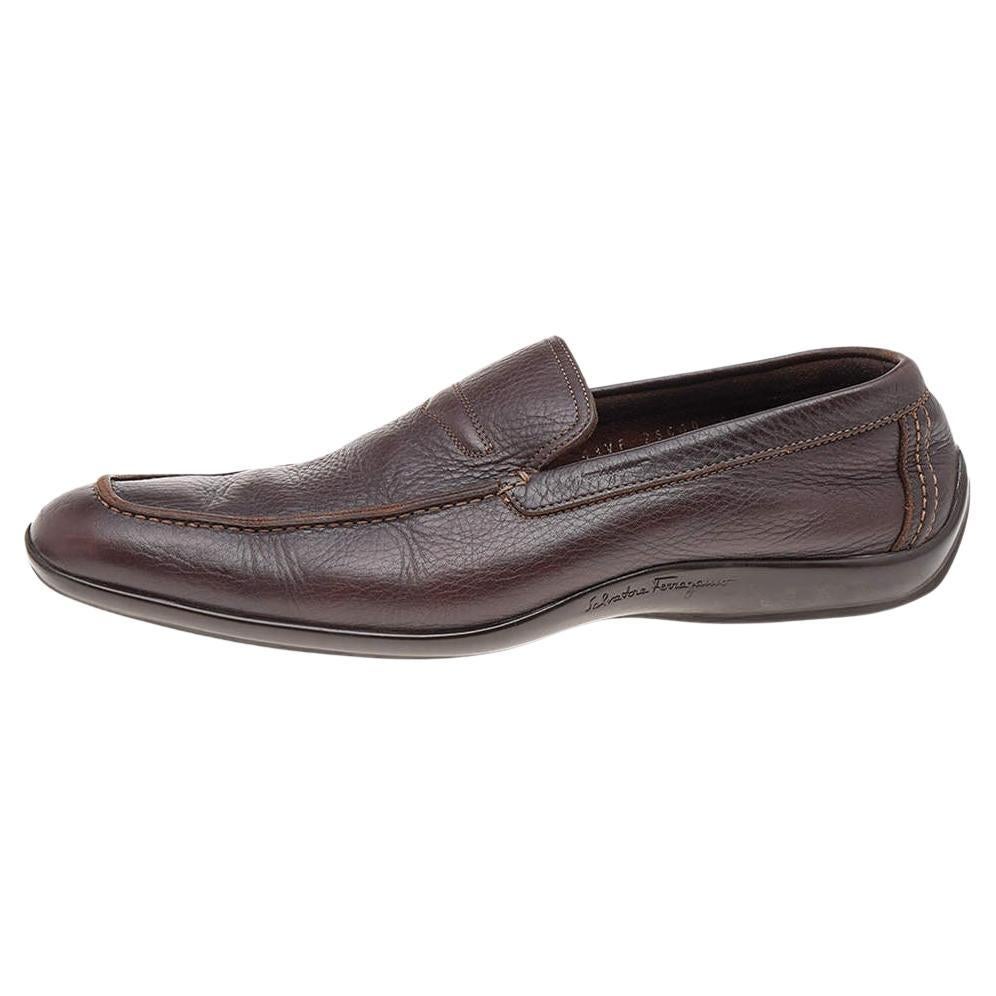 Salvatore Ferragamo Dark Brown Leather Slip On Penny Loafers Size 41.5 For Sale