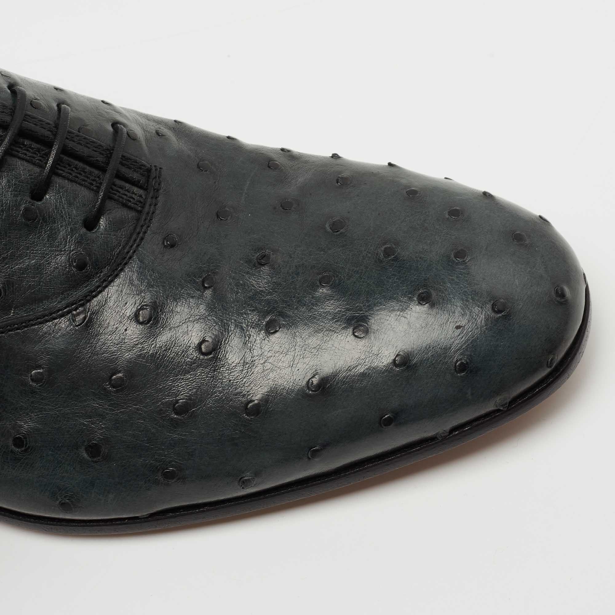 Salvatore Ferragamo Dark Green Ostrich Leather Gris Oxfords Size 41.5 1
