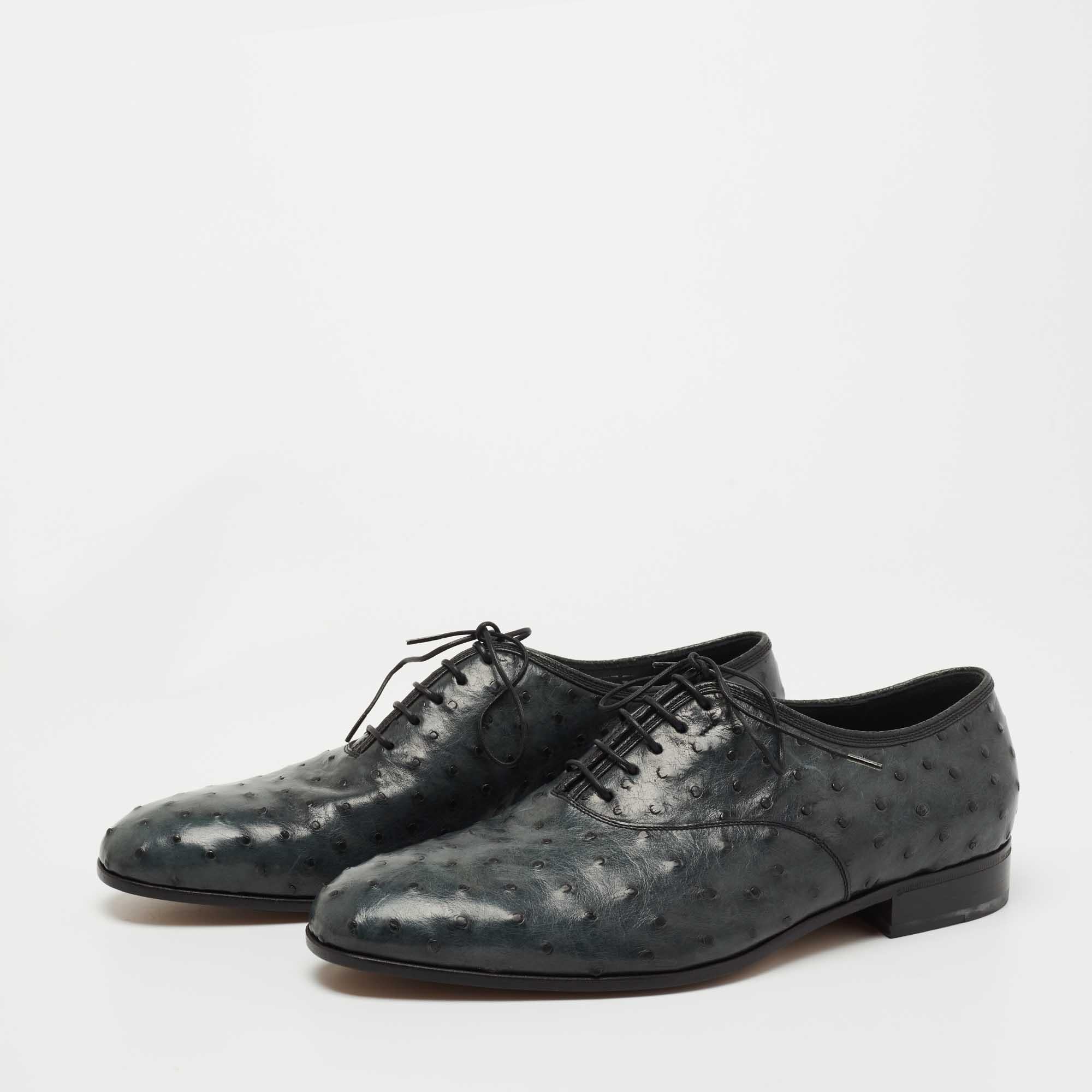 Salvatore Ferragamo Dark Green Ostrich Leather Gris Oxfords Size 41.5 4