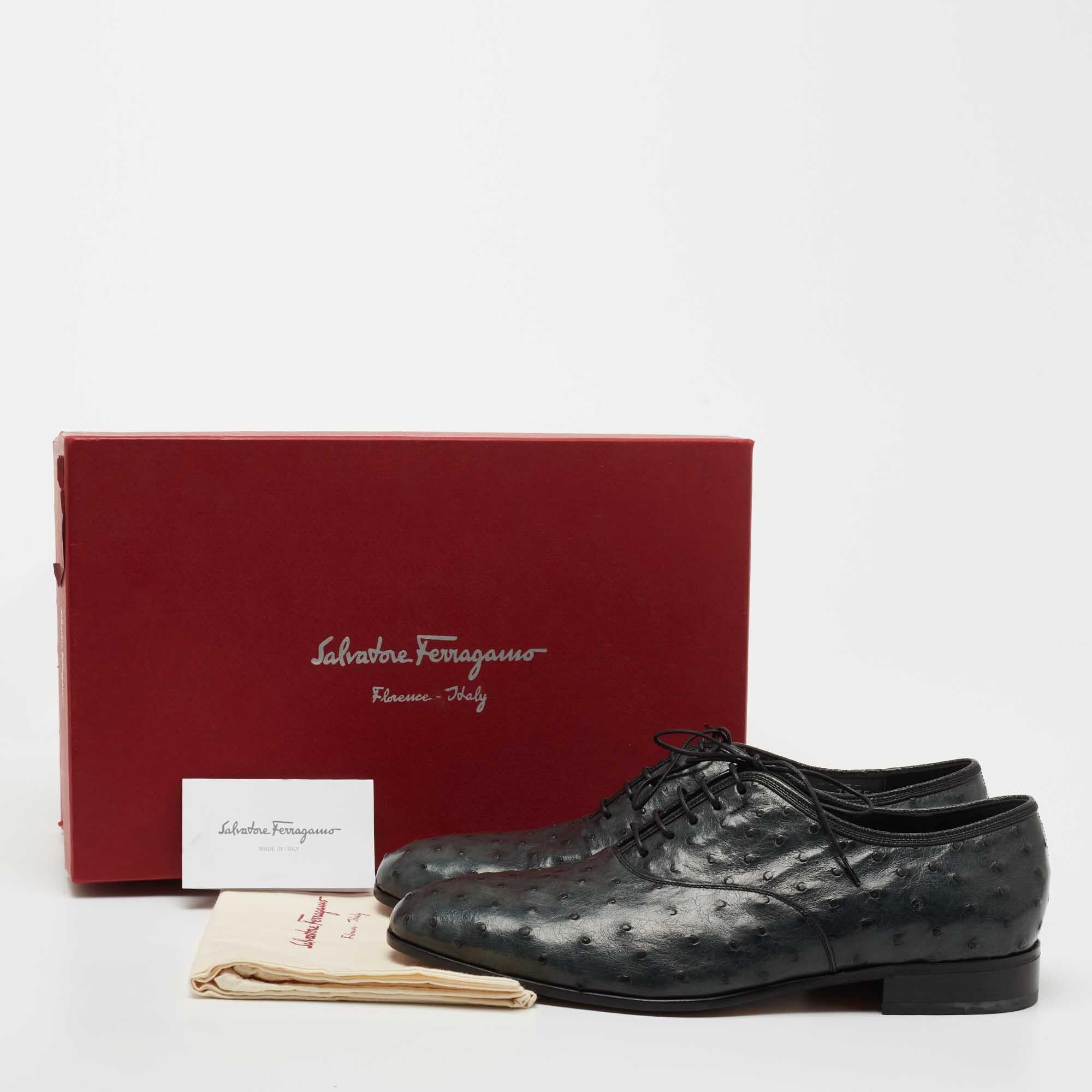 Salvatore Ferragamo Dark Green Ostrich Leather Gris Oxfords Size 41.5 5